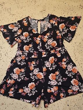 torrid Black Floral Romper with Orange & Pink Roses